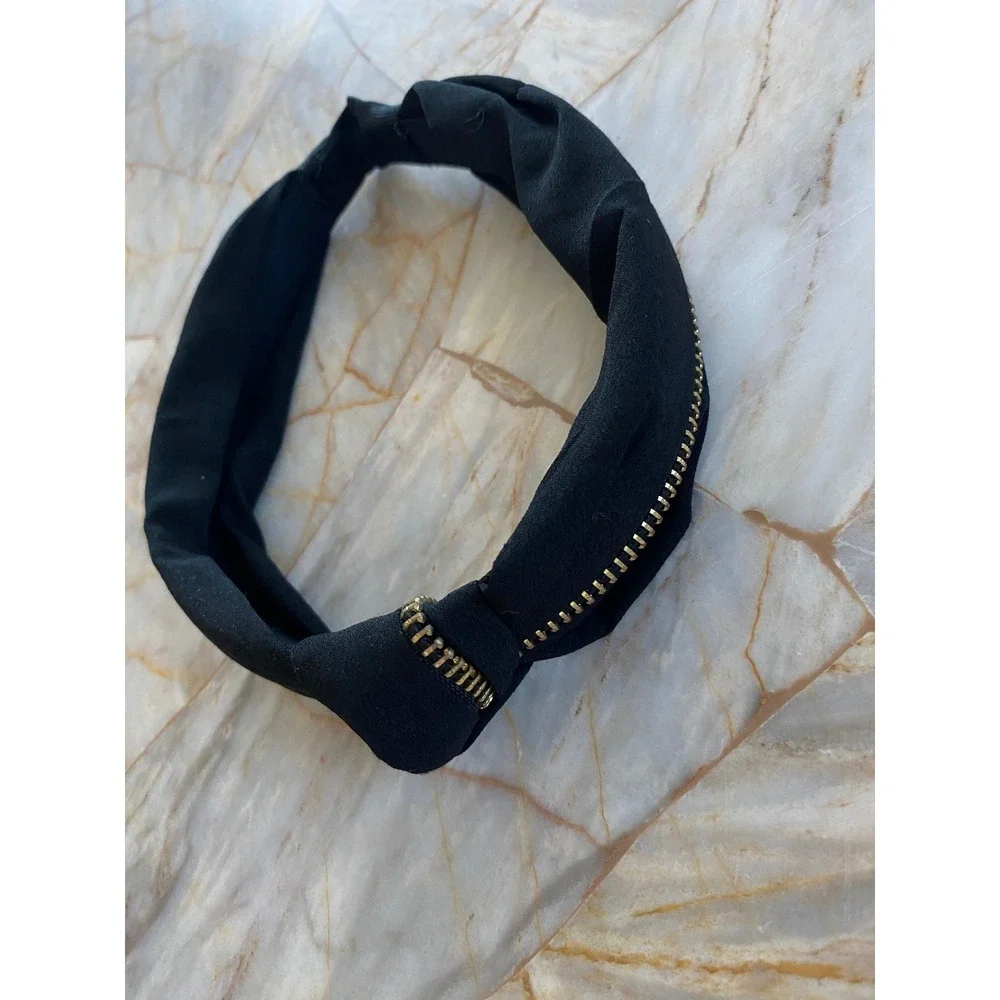 Black Knotted Headband Gold Zipper Trim Edgy Turban Style Hair Accessory
